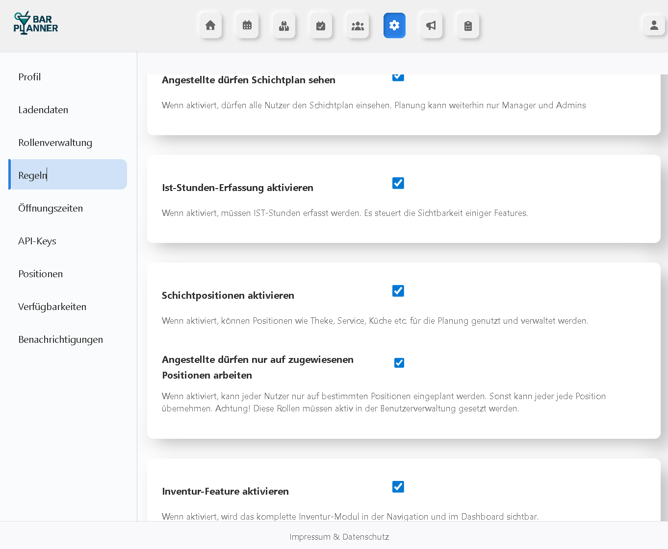 Screenshot der Einstellungen