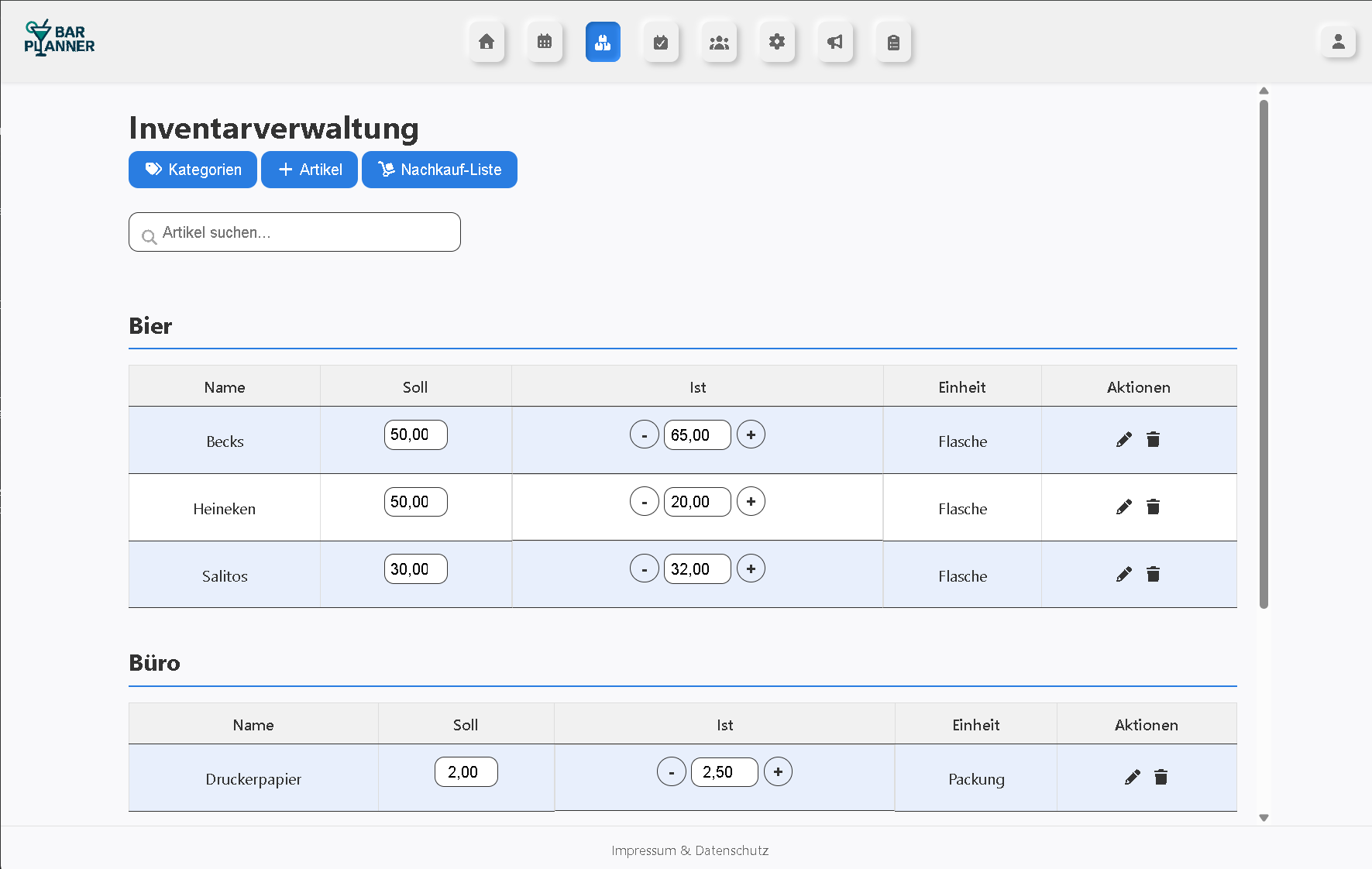 Screenshot der Inventarverwaltung