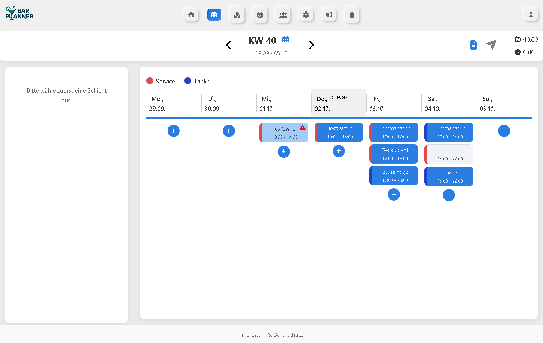 Screenshot der Schichtplanung